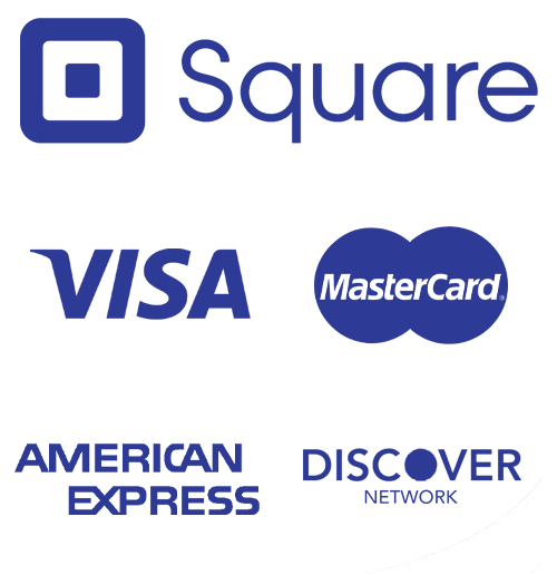 Credit Card logos for Square, Visa, MasterCard, Amex, and Discover